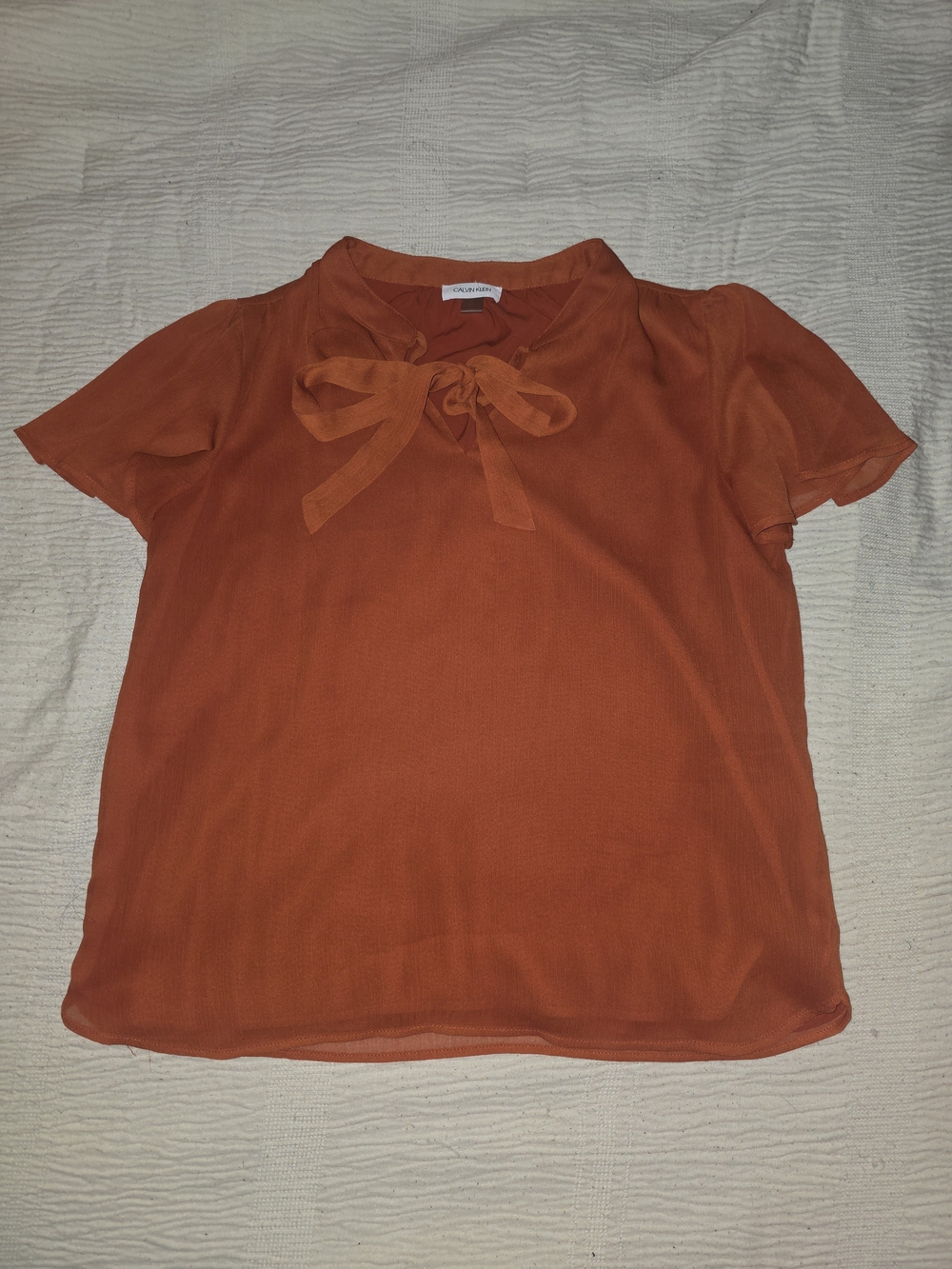 Calvin Klein Burnt Orange Tie-Neck Short Sleeve Blouse